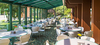 Dining hall in bright sunlight