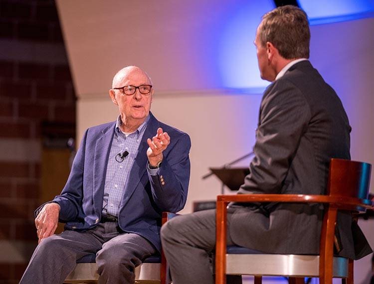 Pres. Dykstra interviews Dr. Derke Bergsma, one of Trinity's first professors