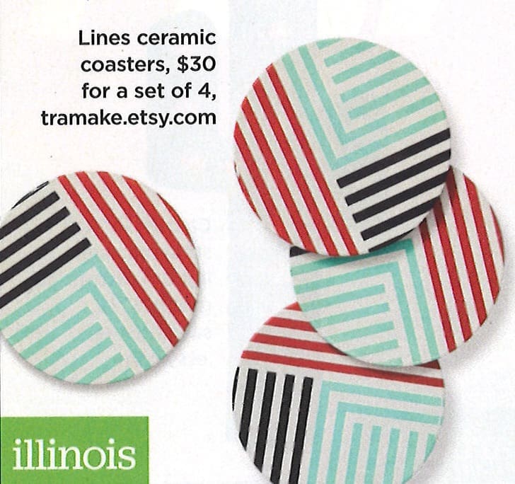 Coasters by Tramake, the company created by Chris Pierik ’01 and Faith Veenstra ’03, are featured in the July/August issue.