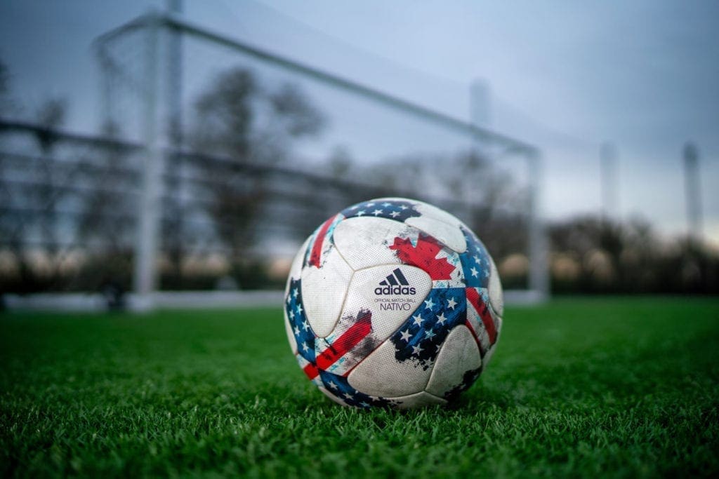 Soccer ball in front of goal