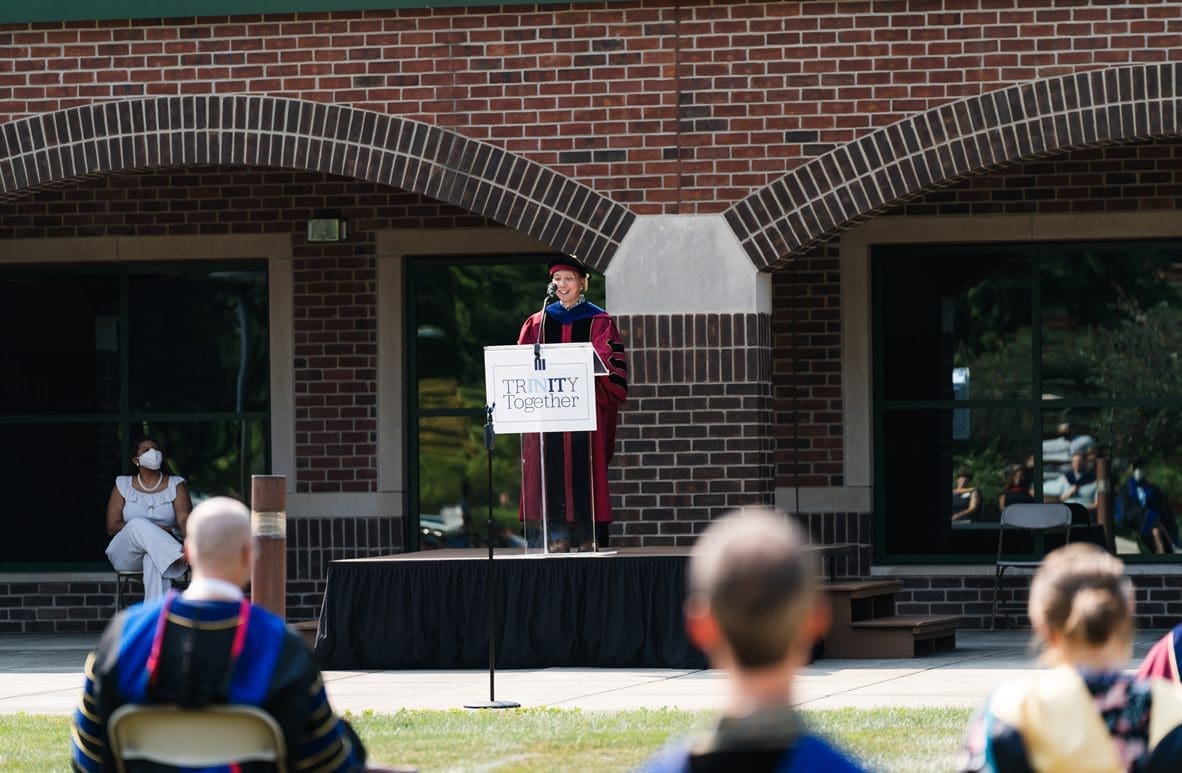 Yudha Thianto delivers convocation address outside on the quad