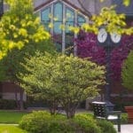 Spring image of clock in the quad