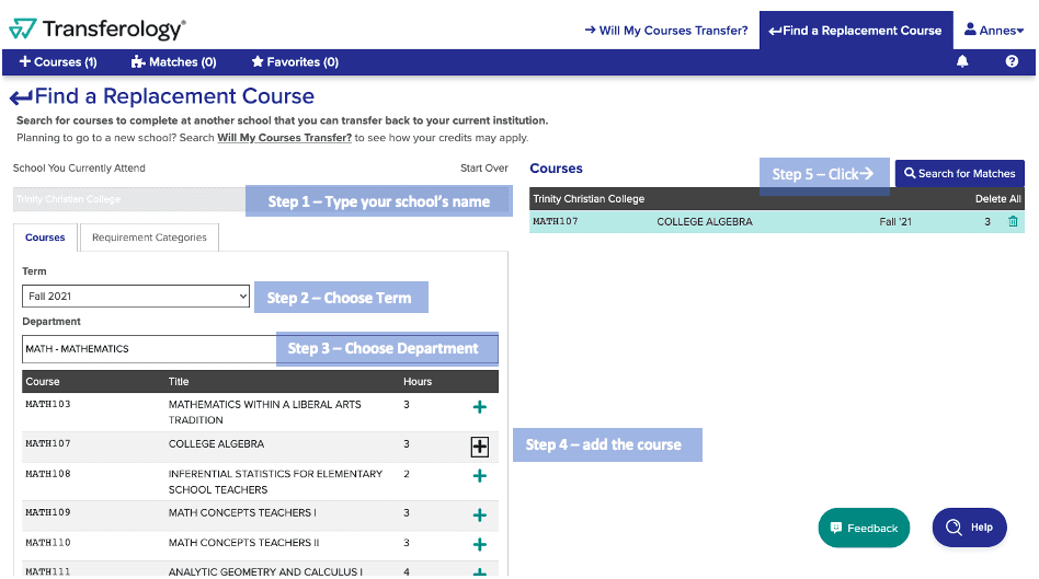 Transferology - Find Replacement Course instruction #1