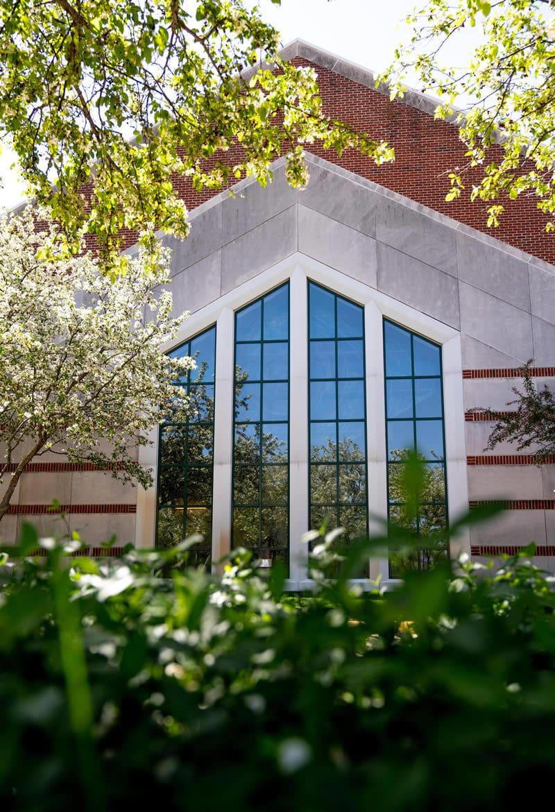 View of chapel windows through campus greenery