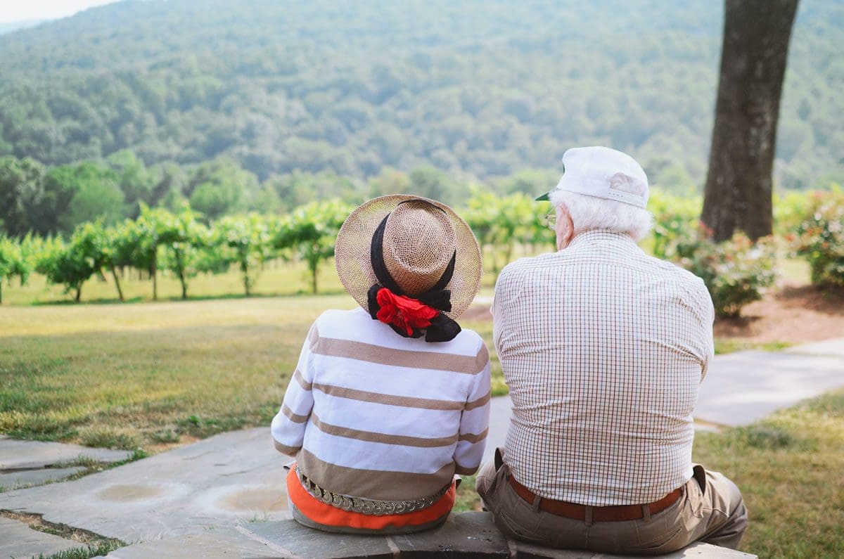Grandparents looking out over vineyard